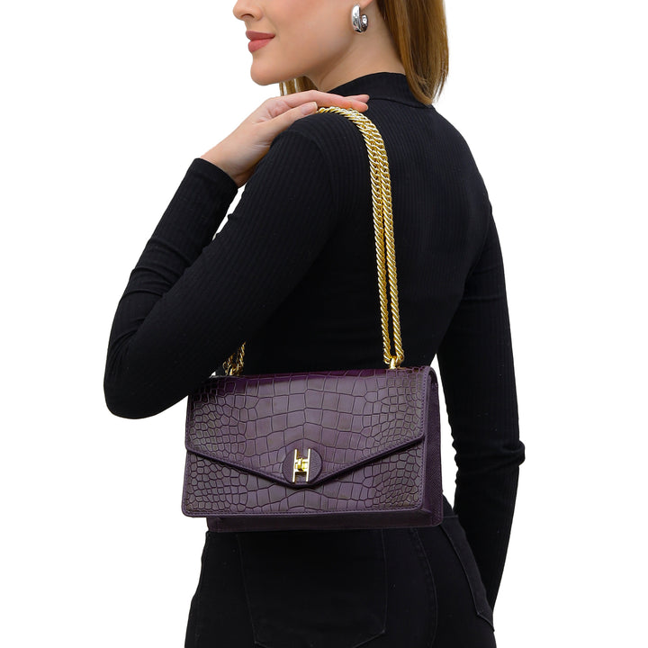 Small Croco Leather Shoulder Bag - Grapevine
