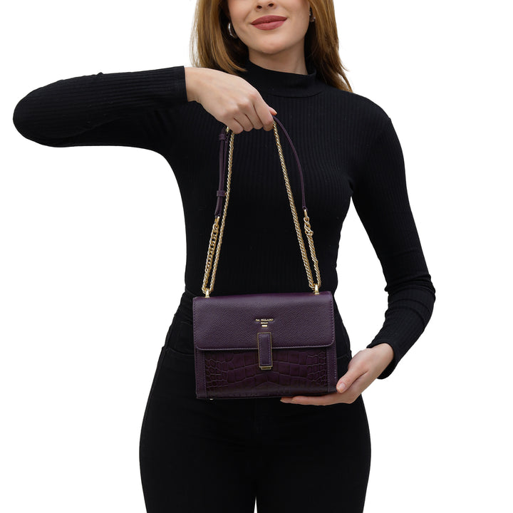 Small Franzy Croco Leather Shoulder Bag - Grapevine