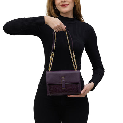Small Franzy Croco Leather Shoulder Bag - Grapevine