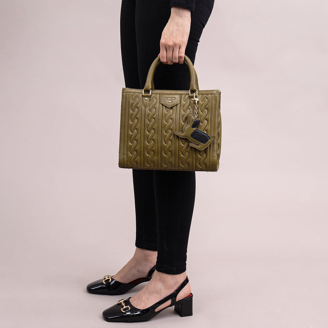 Small Quilting Plain Leather Satchel - Olive