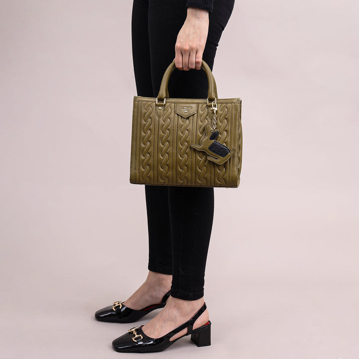 Small Quilting Plain Leather Satchel - Olive