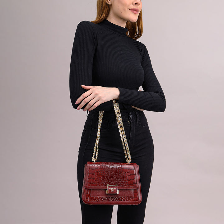 Small Croco Franzy Leather Shoulder Bag - Cherry