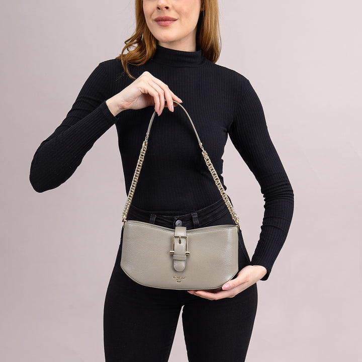 Small Franzy Leather Baguette - Stone Grey