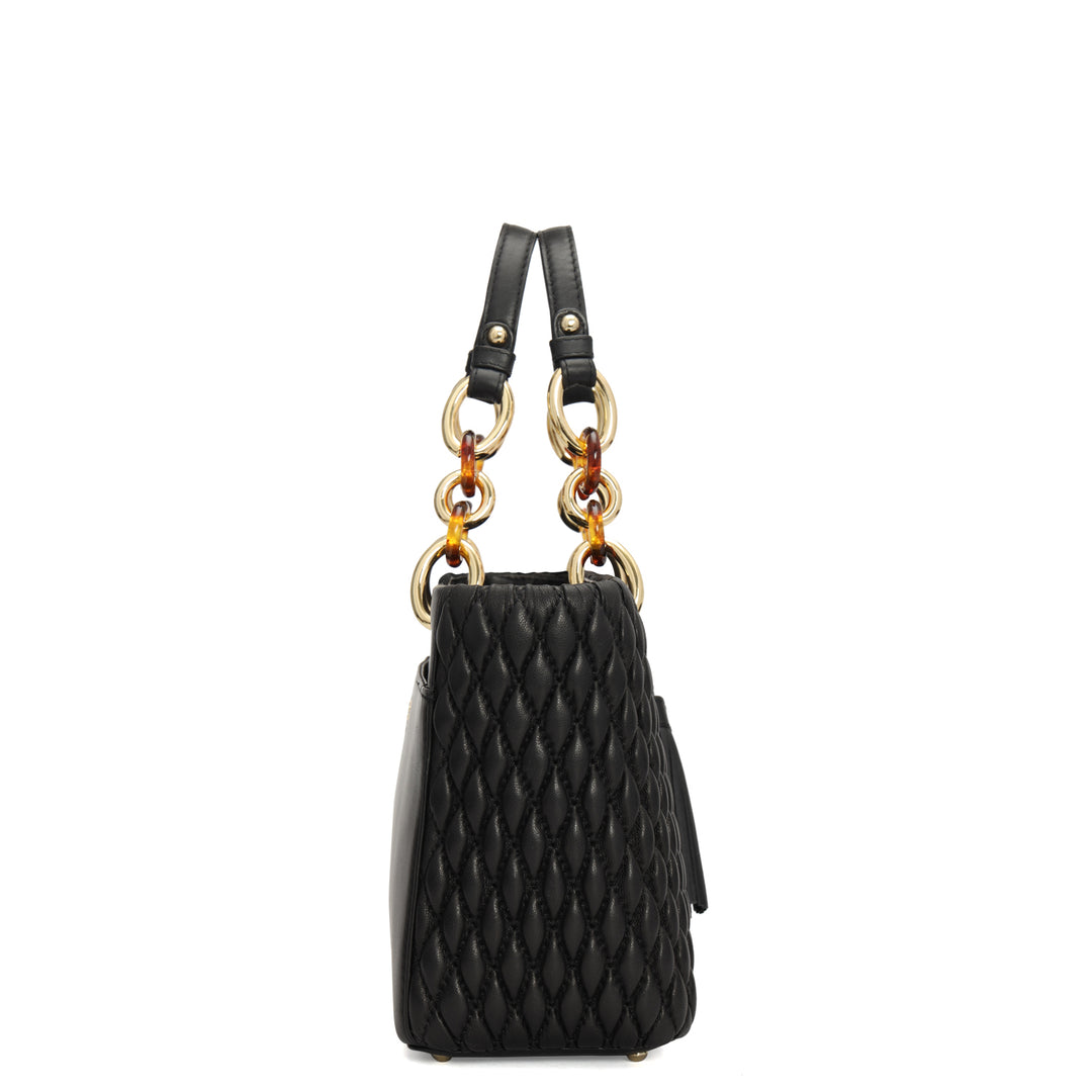 Medium Quilting Plain Leather Satchel - Black