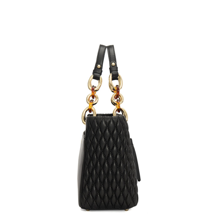 Medium Quilting Plain Leather Satchel - Black