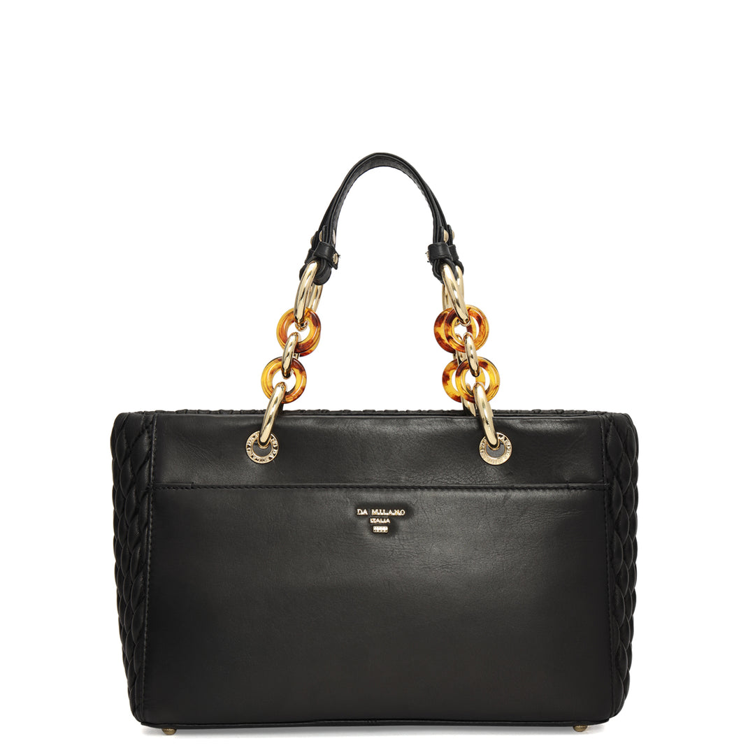 Medium Quilting Plain Leather Satchel - Black