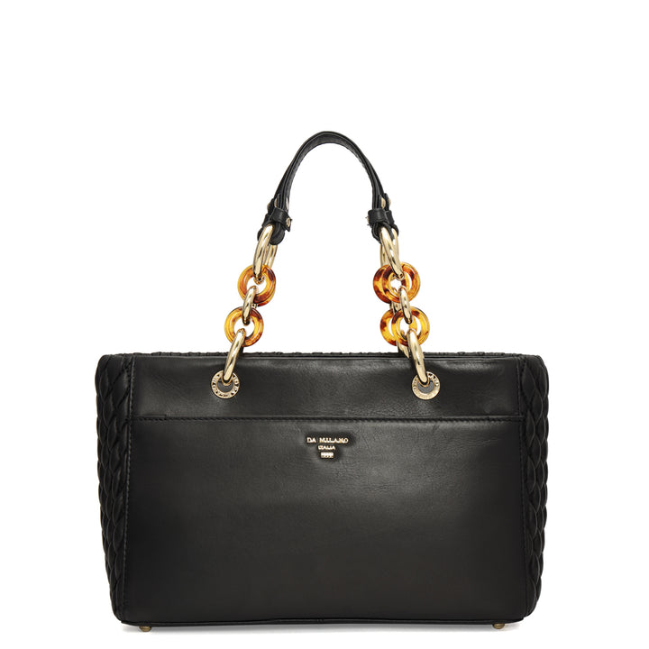 Medium Quilting Plain Leather Satchel - Black