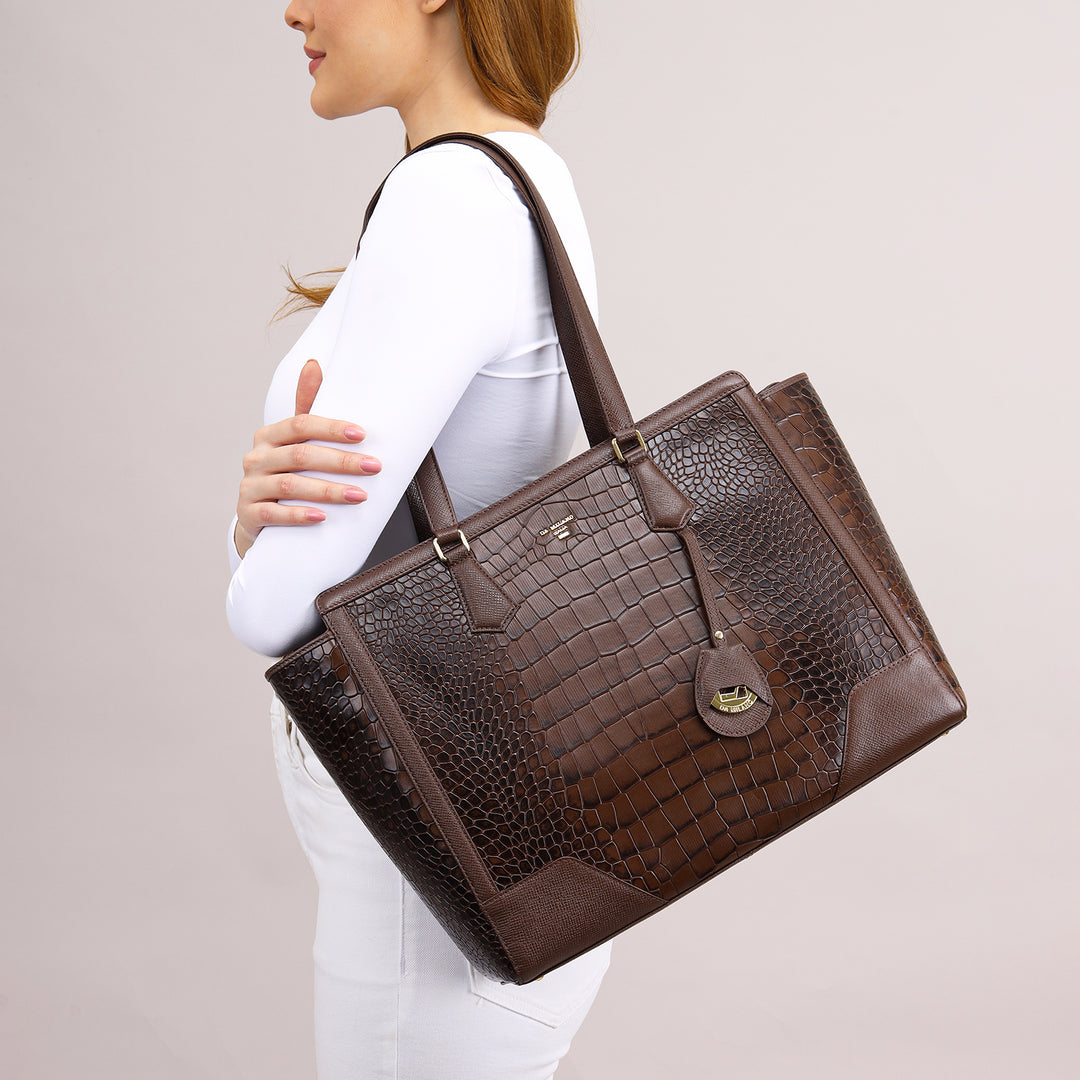 Large Croco Franzy Leather Tote - Walnut