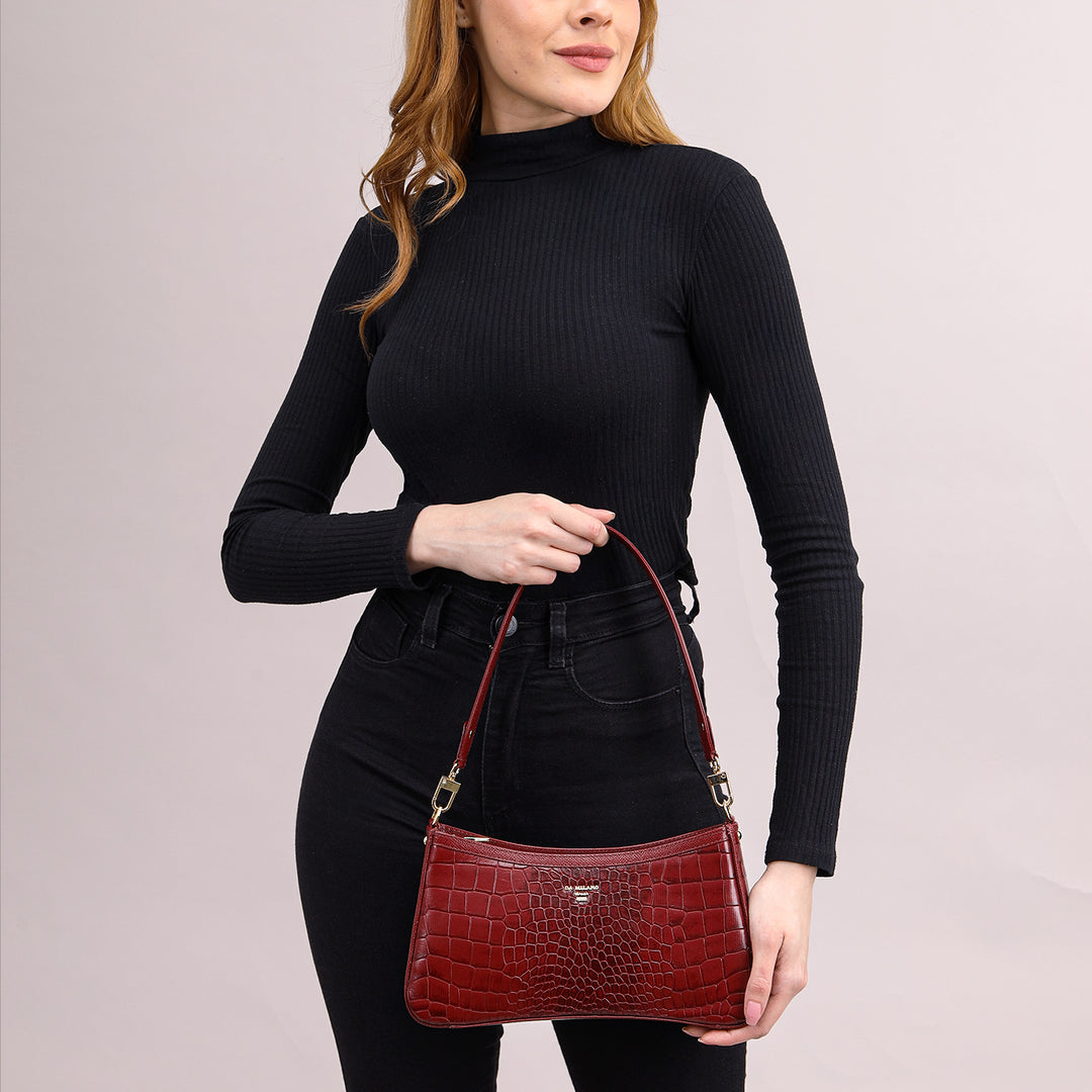 Small Croco Leather Baguette - Cherry