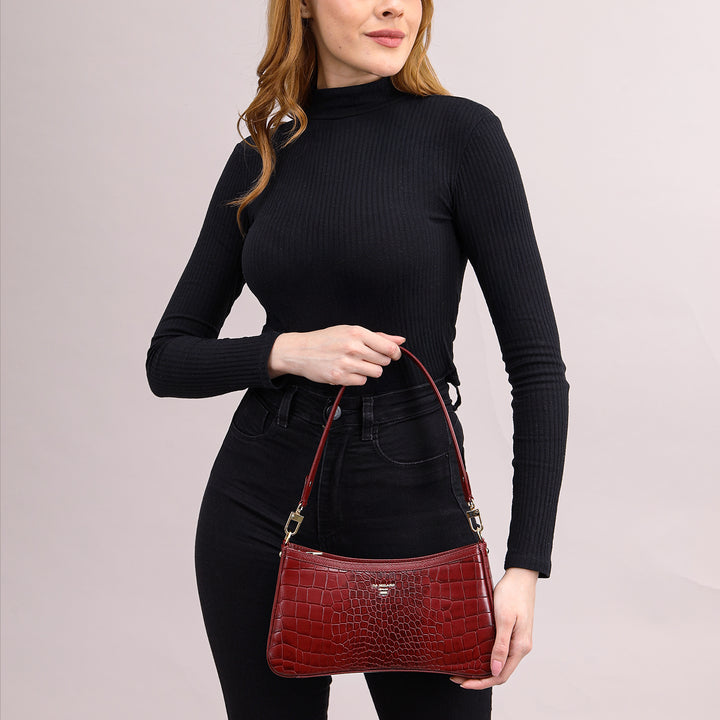 Small Croco Leather Baguette - Cherry