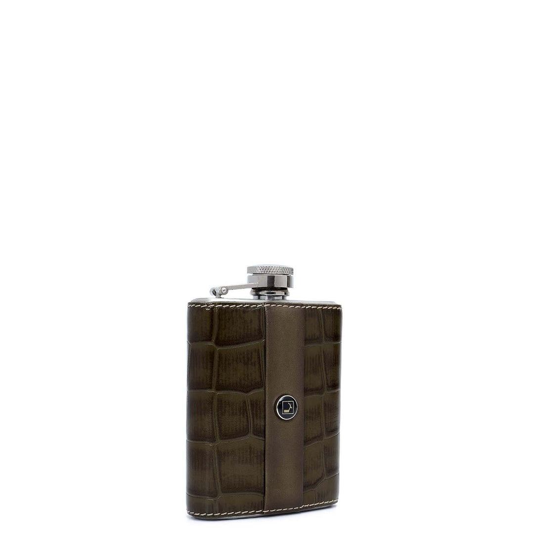 Croco Plain Leather Bottle Case - Military Green