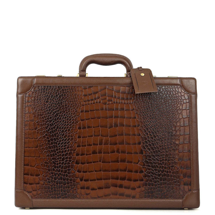 Croco-Texture Briefcase - Walnut