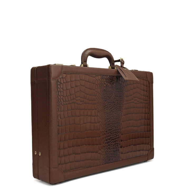 Croco Leather Brief Case - Walnut