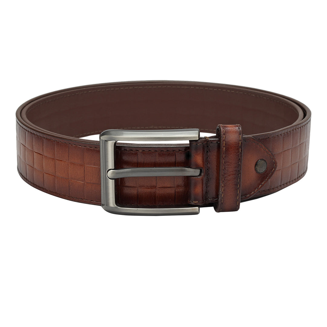 Formal Mat Emboss Leather Mens Belt - Cognac