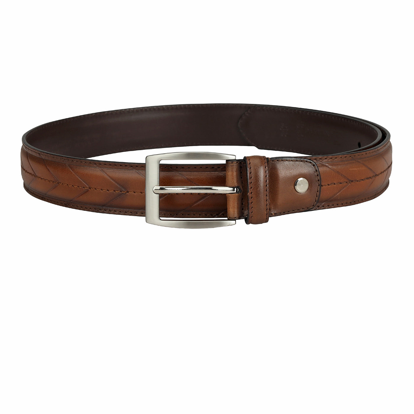 Casual Stripe  Leather Mens Belt - Cognac