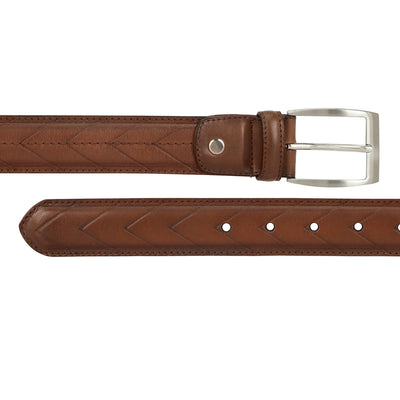 Casual Stripe  Leather Mens Belt - Cognac