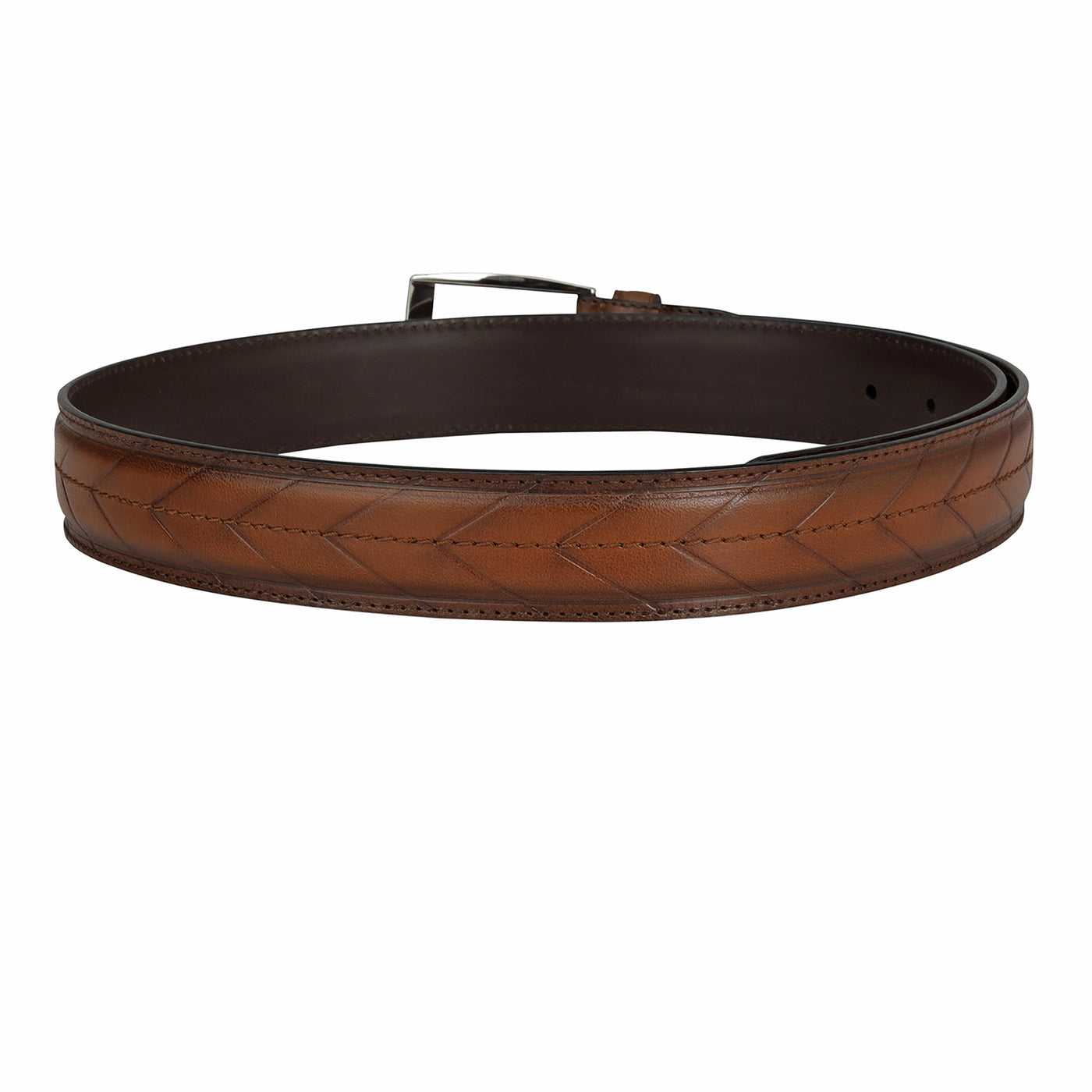 Casual Stripe  Leather Mens Belt - Cognac