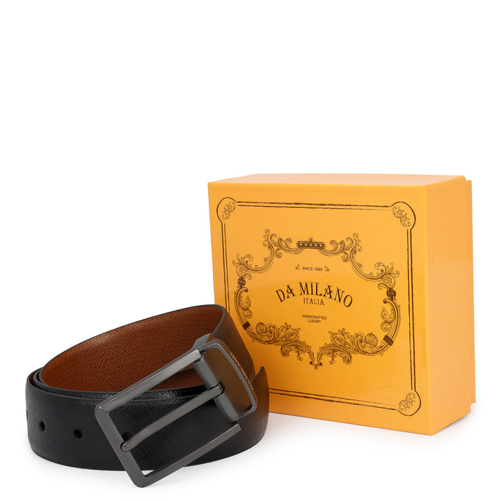 Formal Saffiano Leather Mens Belt - Black & Cognac