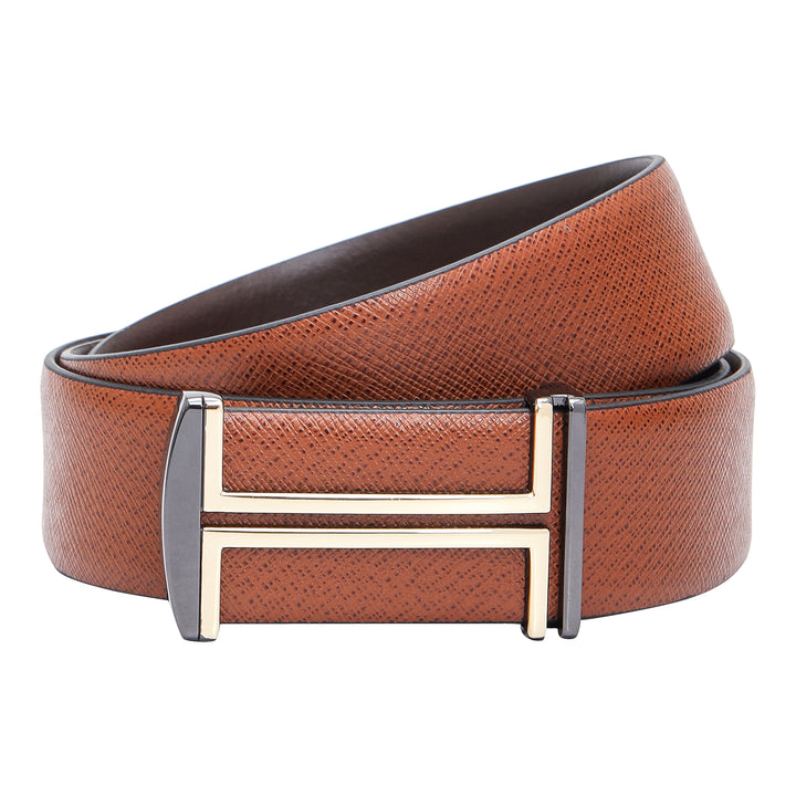 Casual Saffiano Leather Mens Belt - Cognac