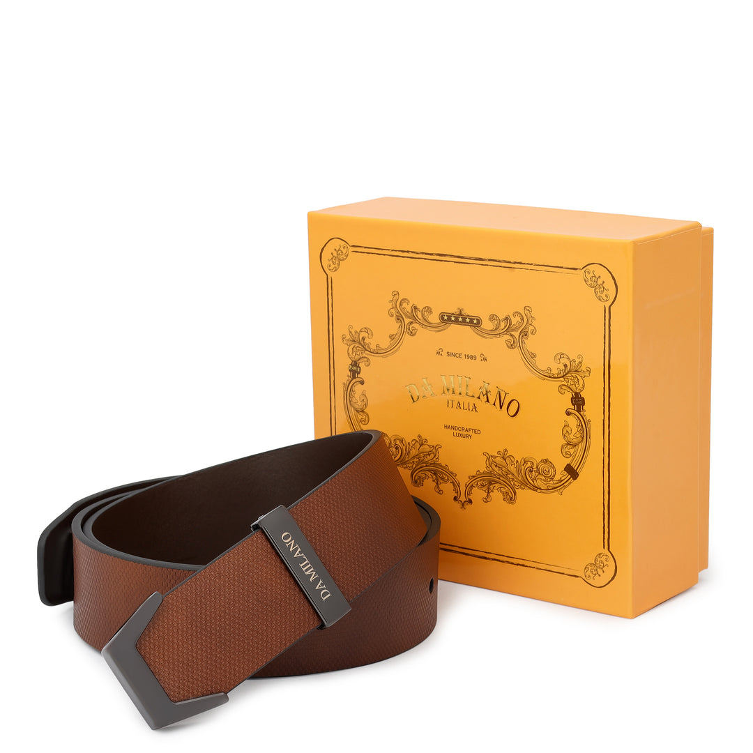 Formal Embossed Leather Mens Belt - Cognac
