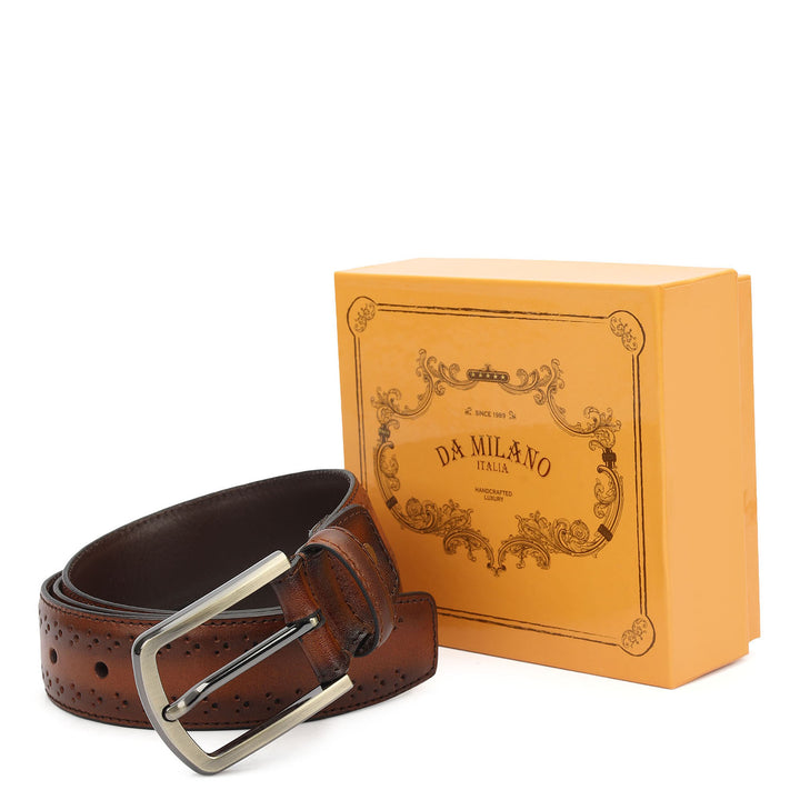 Formal Punch Plain Leather Mens Belt-Cognac