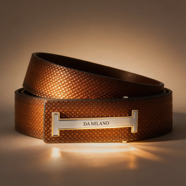 Formal Mat-Emboss Leather Mens Belt-Cognac