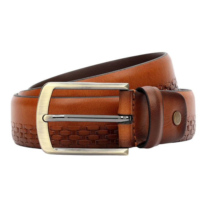 Casual Mat-Emboss Leather Mens Belt-Cognac