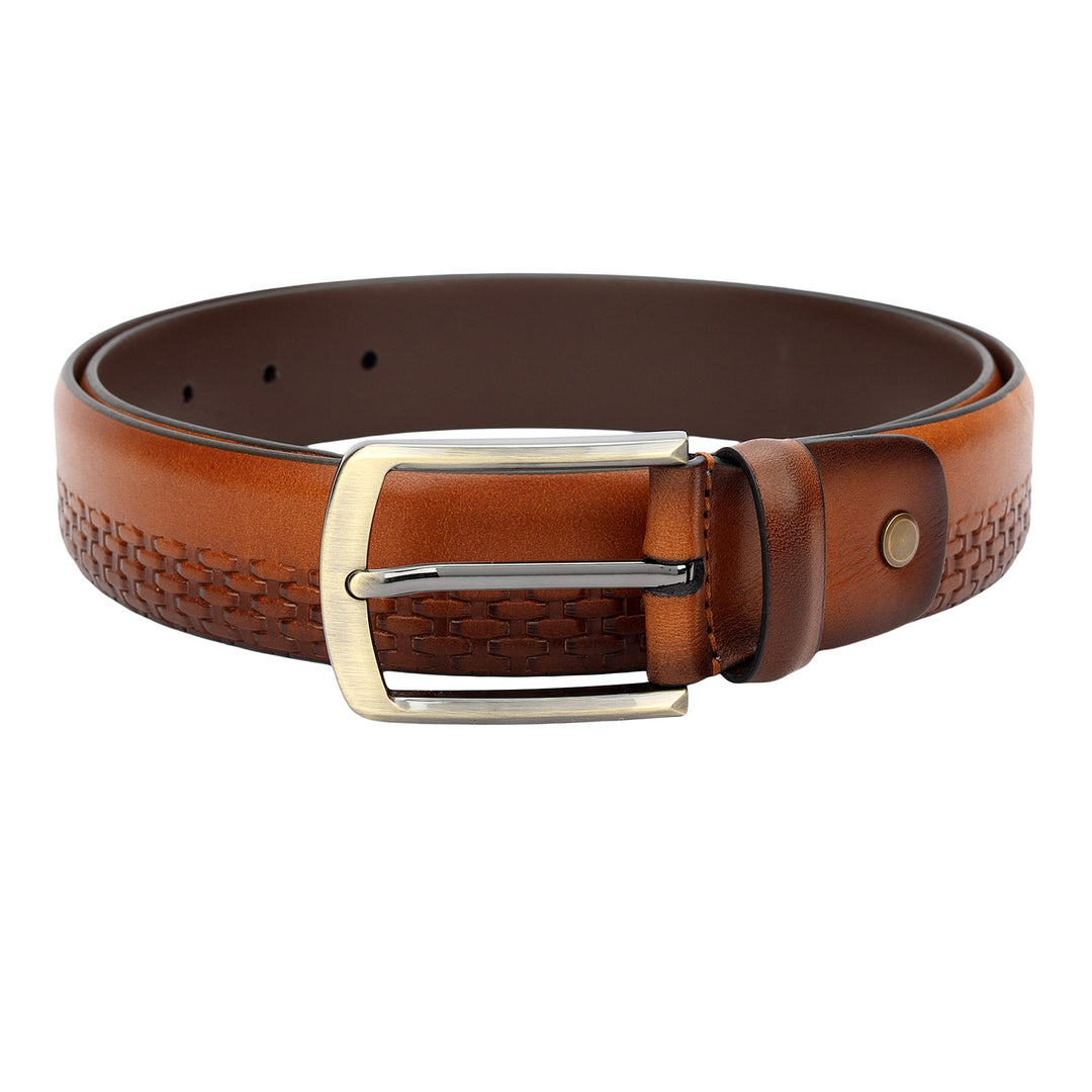 Casual Mat-Emboss Leather Mens Belt-Cognac