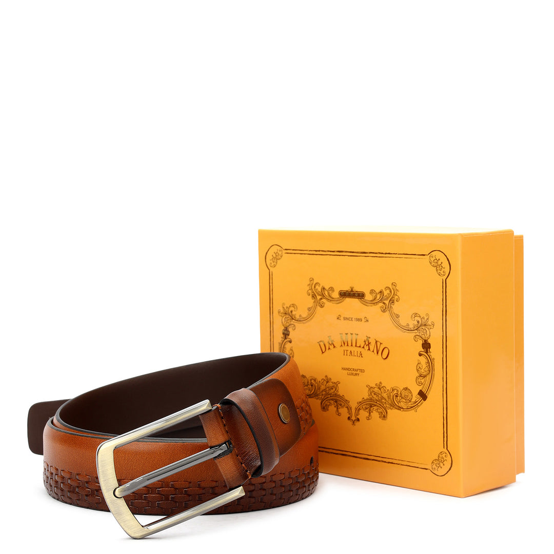 Casual Mat-Emboss Leather Mens Belt-Cognac