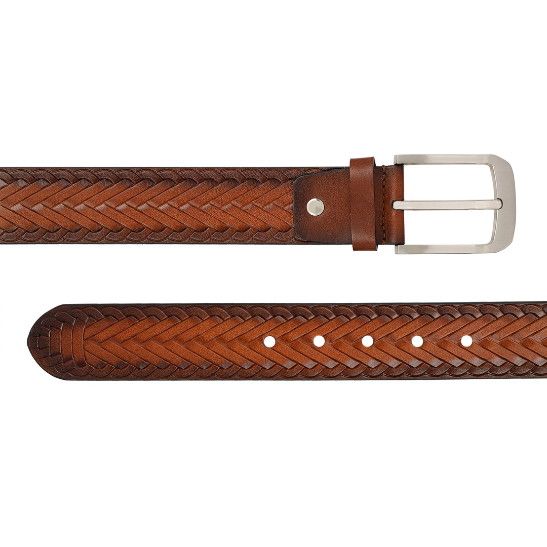 Casual Mat- Emboss Leather Mens Belt - Cognac