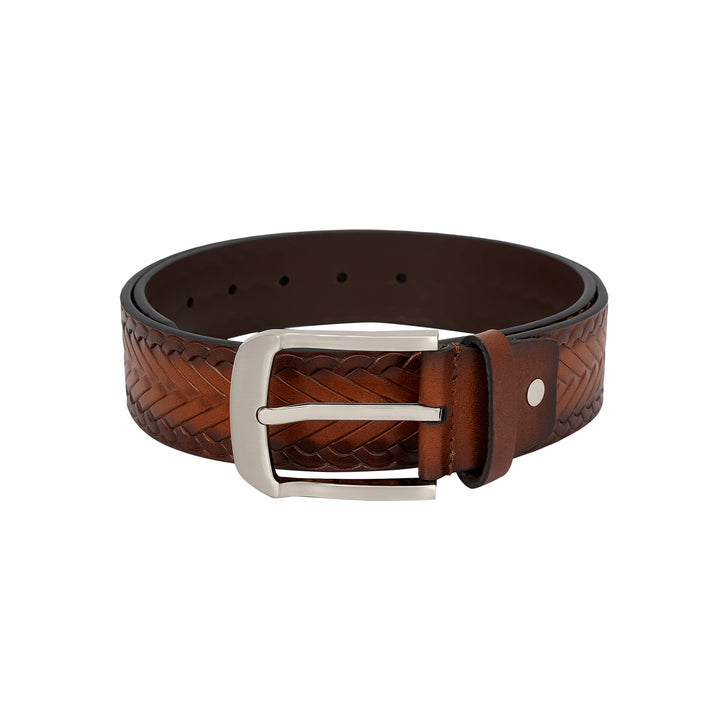 Casual Mat- Emboss Leather Mens Belt - Cognac