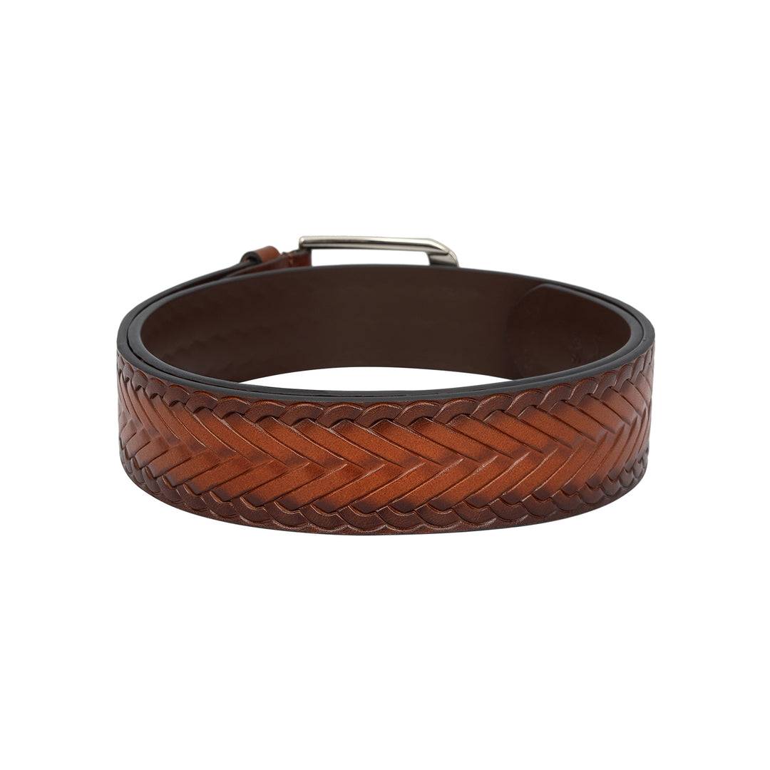 Casual Mat- Emboss Leather Mens Belt - Cognac