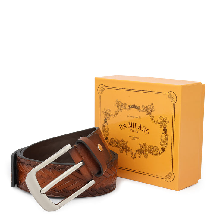 Casual Mat- Emboss Leather Mens Belt - Cognac