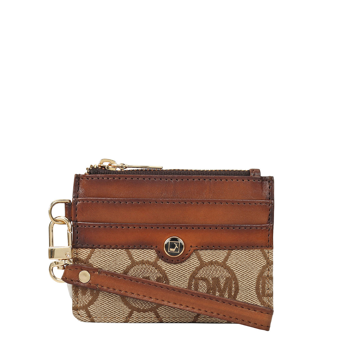 4 Slots Leather Card Case - Beige & Cognac