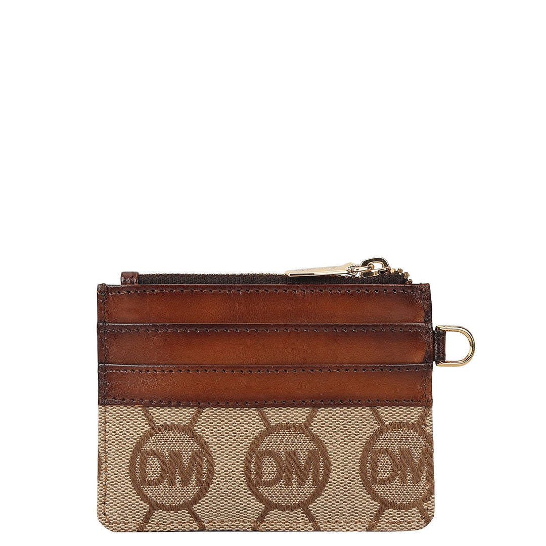 4 Slots Leather Card Case - Beige & Cognac