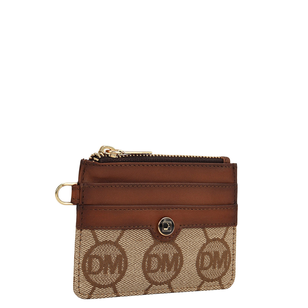 4 Slots Leather Card Case - Beige & Cognac