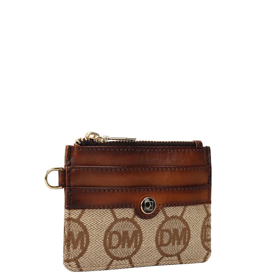 4 Slots Leather Card Case - Beige & Cognac