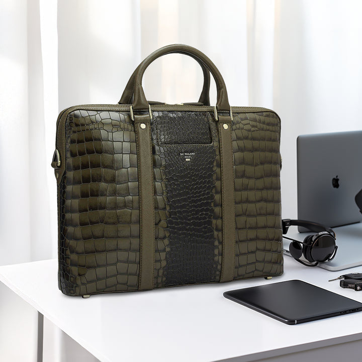 Croco Franzy Leather Laptop Bag - Military Green