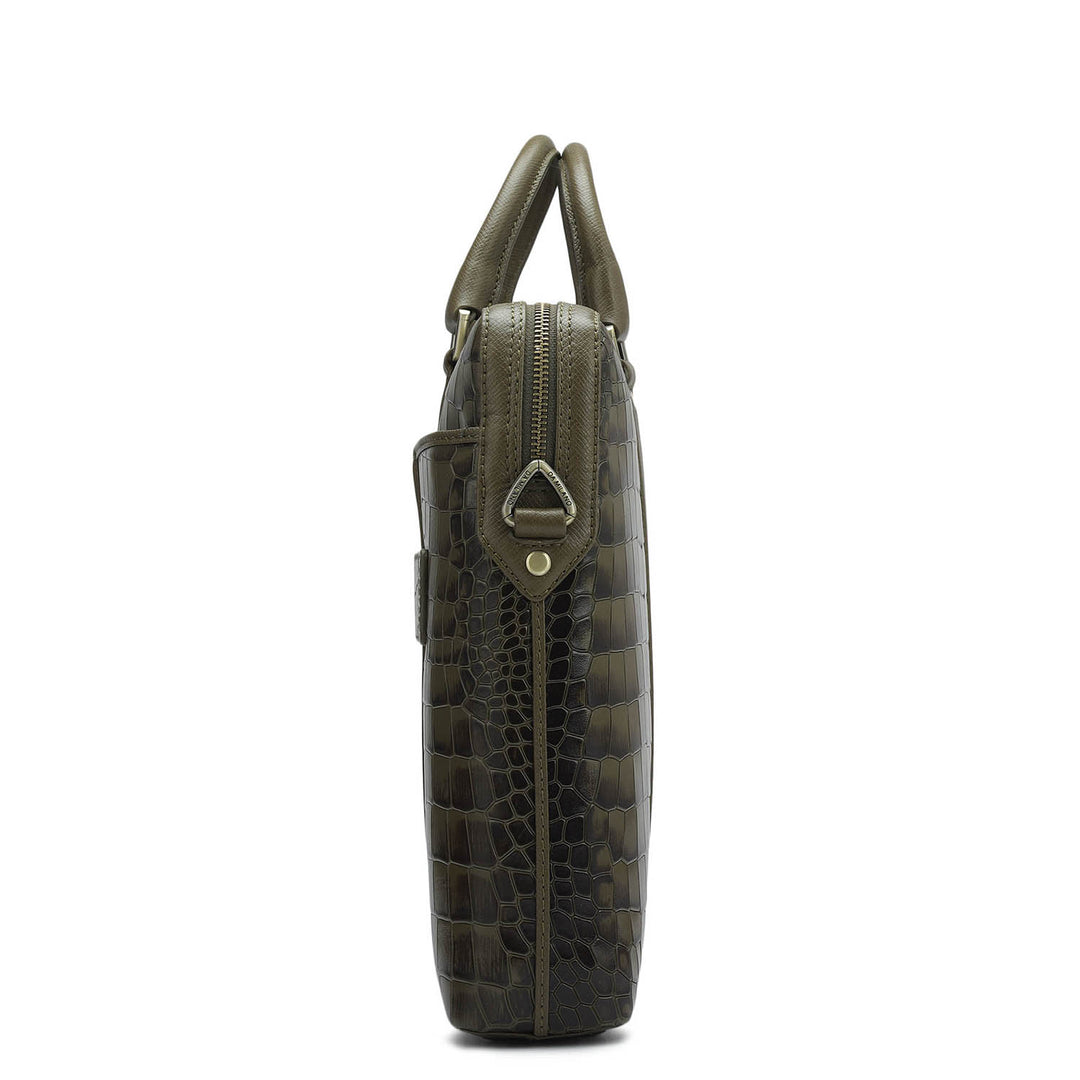 Croco Franzy Leather Laptop Bag - Military Green