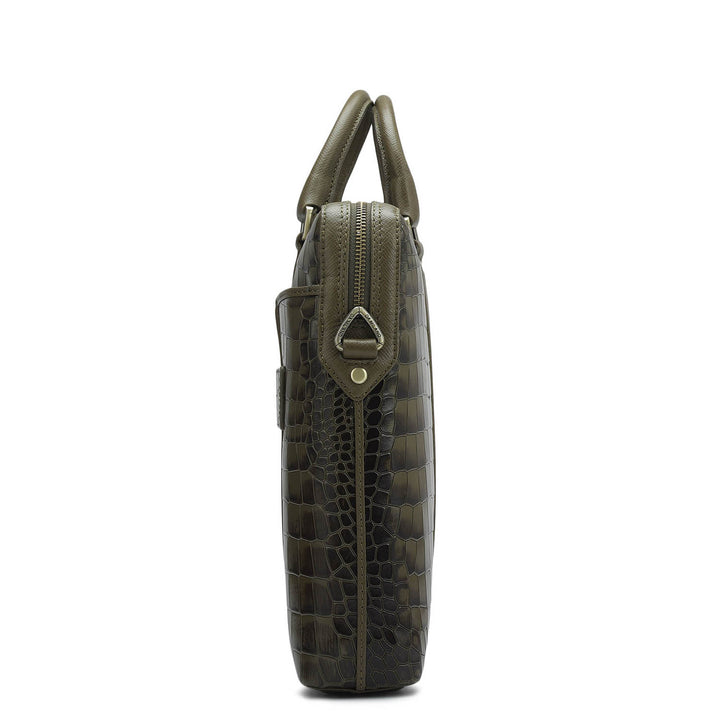 Croco Franzy Leather Laptop Bag - Military Green