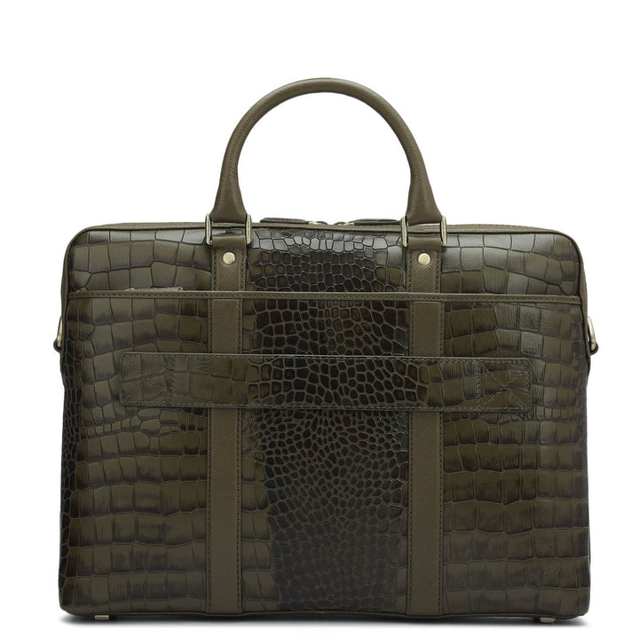 Croco Franzy Leather Laptop Bag - Military Green