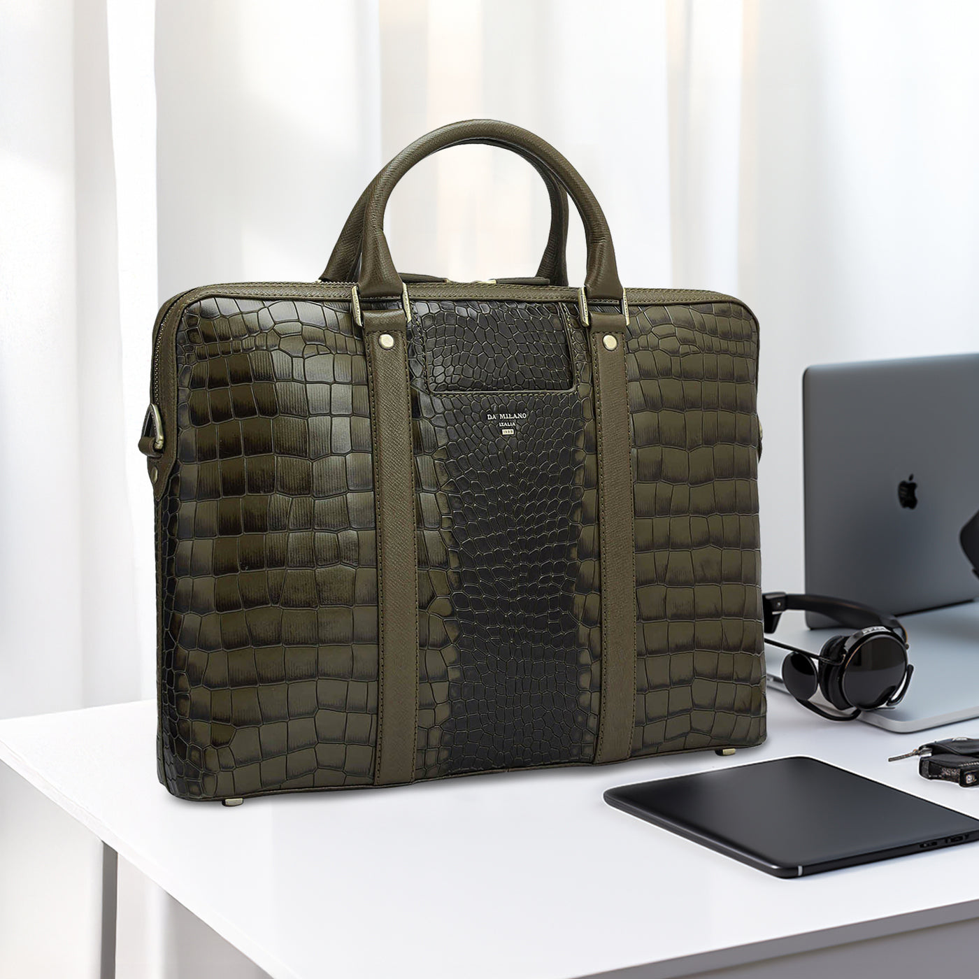 Croco Franzy Leather Laptop Bag - Military Green
