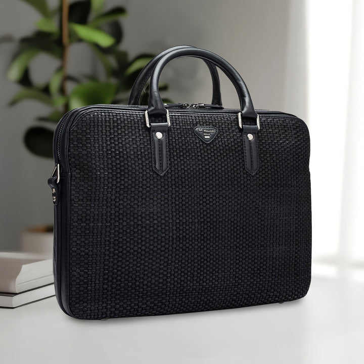 Mat Plain Leather Laptop Bag - Black