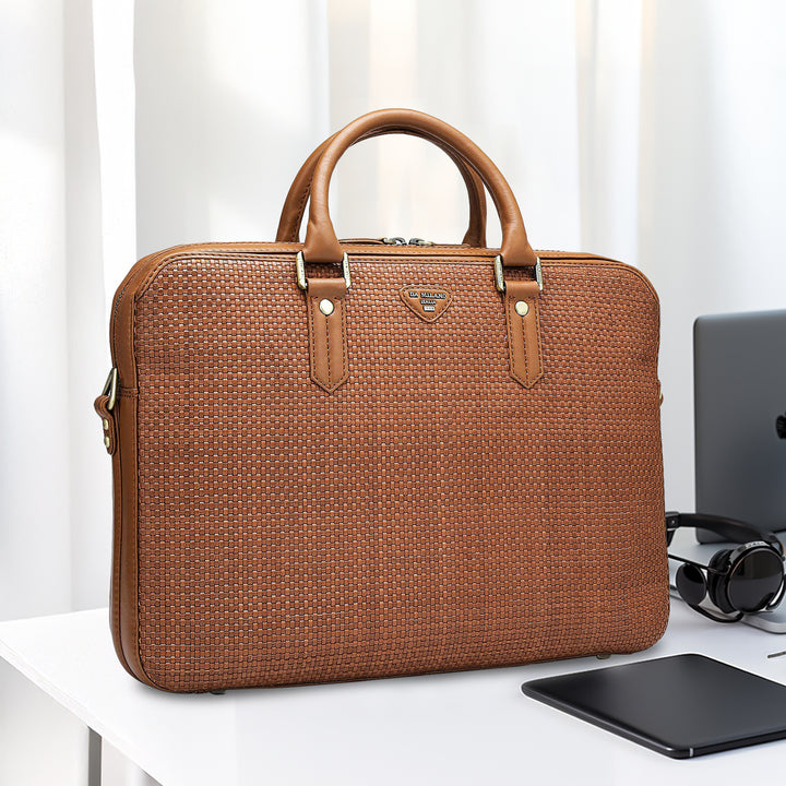 Mat Plain Leather Laptop Bag - Tan