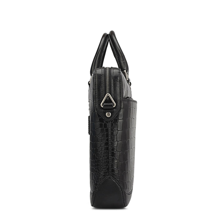 Croco Leather Laptop Bag - Black