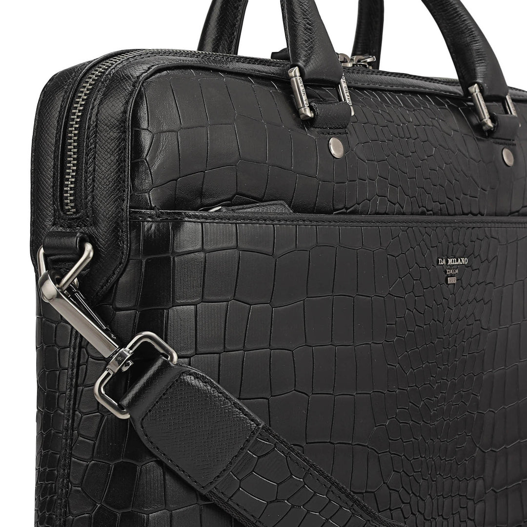Croco Leather Laptop Bag - Black
