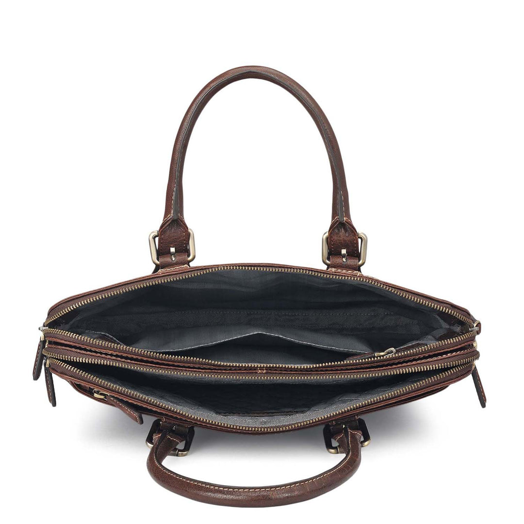 Elephant Pattern Leather Laptop Bag - Brown