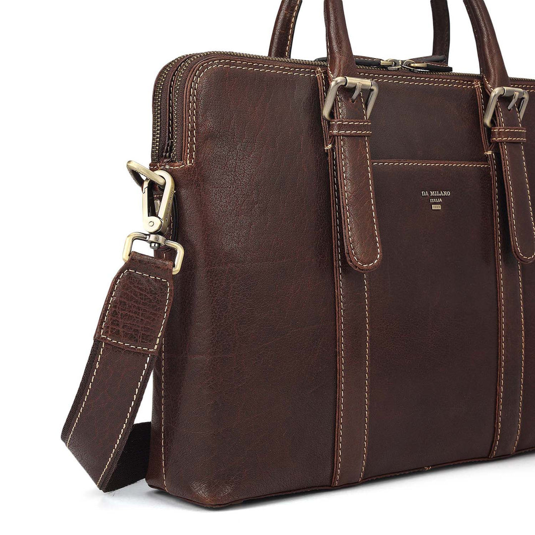 Elephant Pattern Leather Laptop Bag - Brown