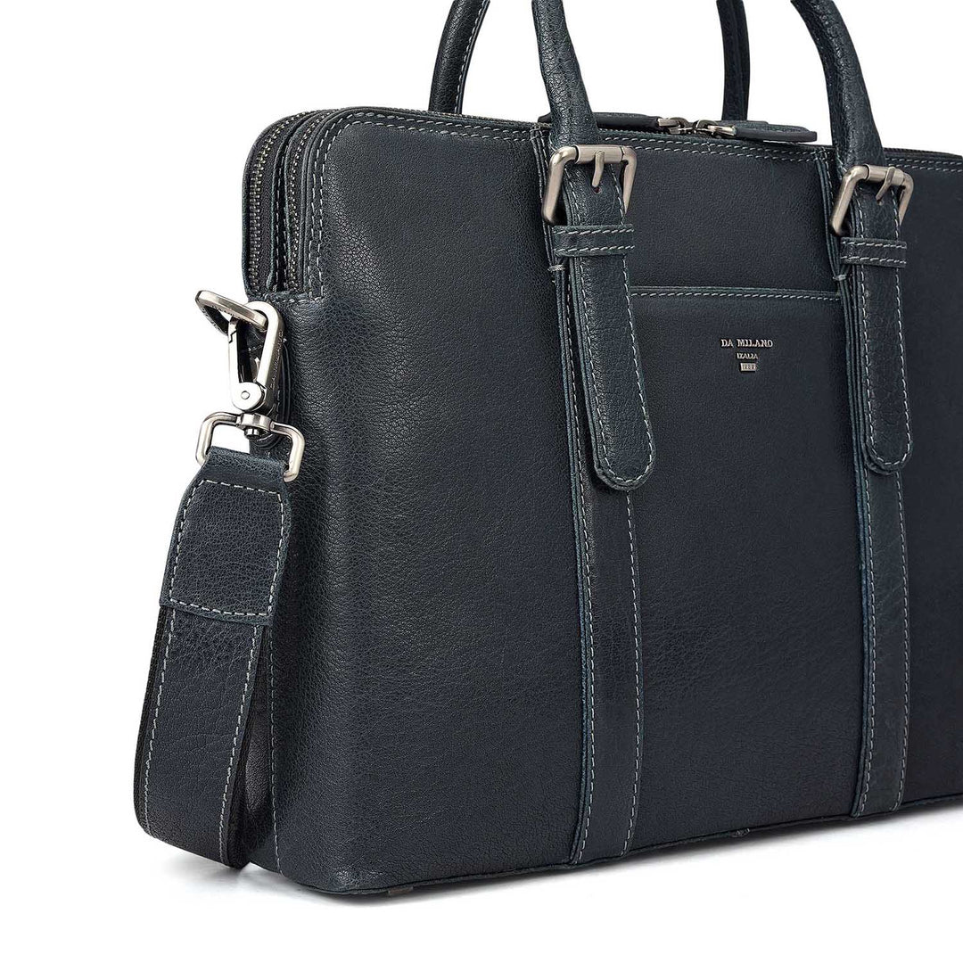 Elephant Pattern Leather Laptop Bag - Navy