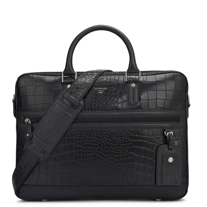 Croco Leather Laptop Bag - Black